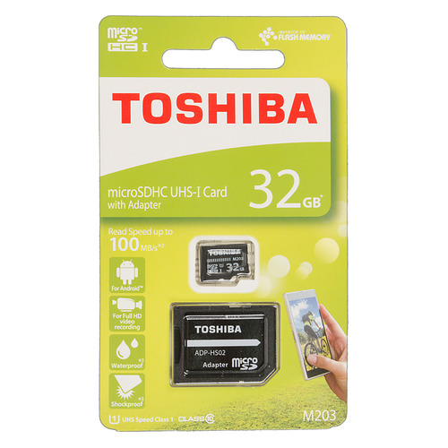 Карта памяти microSDHC UHS-I U1 TOSHIBA M203 32 ГБ, 100 МБ/с, Class 10, THN-M203K0320EA, 1 шт., переходник SD Карта памяти microSDHC UHS-I U1 TOSHIBA M203 32 ГБ, 100 МБ/с, Class 10, THN-M203K0320EA, 1 шт., переходник SD