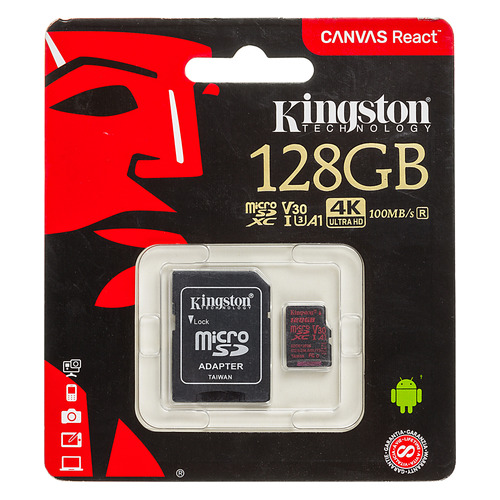 Карта памяти microSDXC UHS-I U3 KINGSTON Canvas React 128 ГБ, 100 МБ/с, Class 10, SDCR/128GB, 1 шт., переходник SD цена Карта памяти microSDXC UHS-I U3 KINGSTON Canvas React 128 ГБ, 100 МБ/с, Class 10, SDCR/128GB, 1 шт., переходник SD цены онлайн