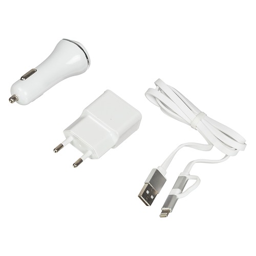 Комплект зарядного устройства GMINI GM-MC-001-2USB, 2xUSB, 8-pin Lightning (Apple)/microUSB, 2.1A, белый