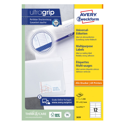 Этикетки Avery Zweckform 3659 A4 97x42.3мм 12шт на листе/70г/м2/100л./белый матовое самоклей. универ, 3659
Этикетки Avery Zweckform 3659 A4 97x42.3мм 12шт на листе/70г/м2/100л./белый матовое самоклей. универ, 3659