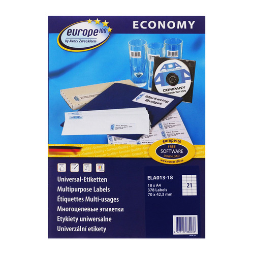 Этикетки Europe100 ELA013-18 A4 70x42.3мм 21шт на листе/70г/м2/18л./белый матовое самоклей. универса, ELA013-18
Этикетки Europe100 ELA013-18 A4 70x42.3мм 21шт на листе/70г/м2/18л./белый матовое самоклей. универса, ELA013-18