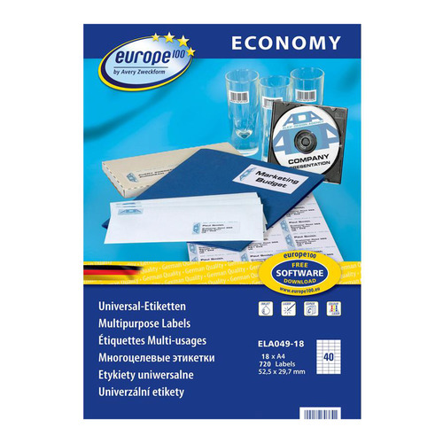 Этикетки Europe100 ELA049-18 A4 52.5x29.7мм 40шт на листе/70г/м2/18л./белый матовое самоклей. универ, ELA049-18
Этикетки Europe100 ELA049-18 A4 52.5x29.7мм 40шт на листе/70г/м2/18л./белый матовое самоклей. универ, ELA049-18