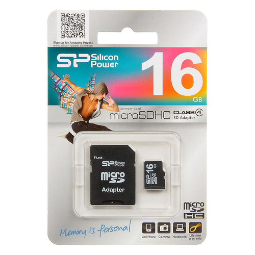 Карта памяти microSDHC SILICON POWER 16 ГБ, Class 4, SP016GBSTH004V10SP, 1 шт., переходник SD Карта памяти microSDHC SILICON POWER 16 ГБ, Class 4, SP016GBSTH004V10SP, 1 шт., переходник SD