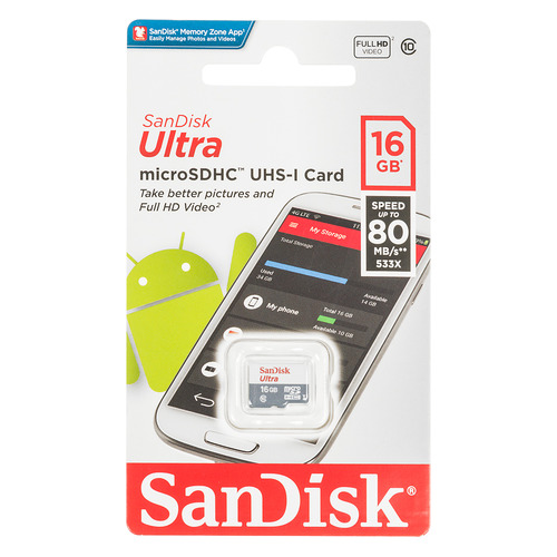 фото Карта памяти microsdhc uhs-i sandisk ultra 80 16 гб, 80 мб/с, 533x, class 10, sdsquns-016g-gn3mn, 1 шт.