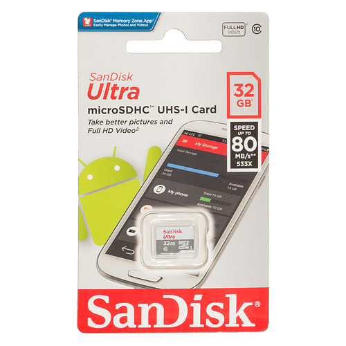 фото Карта памяти microsdhc uhs-i sandisk ultra 80 32 гб, 80 мб/с, 533x, class 10, sdsquns-032g-gn3mn, 1 шт.