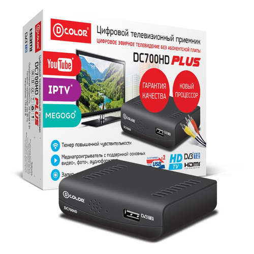 

Ресивер DVB-T2 D-COLOR DC700HD plus, черный