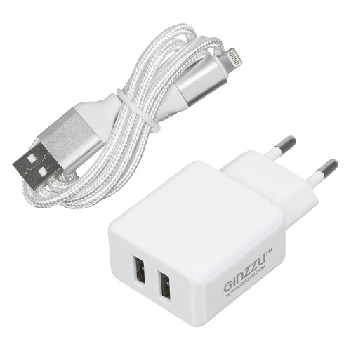 фото Сетевое зарядное устройство ginzzu ga-3313uw, 2xusb, 8-pin lightning (apple), 3.1a, белый