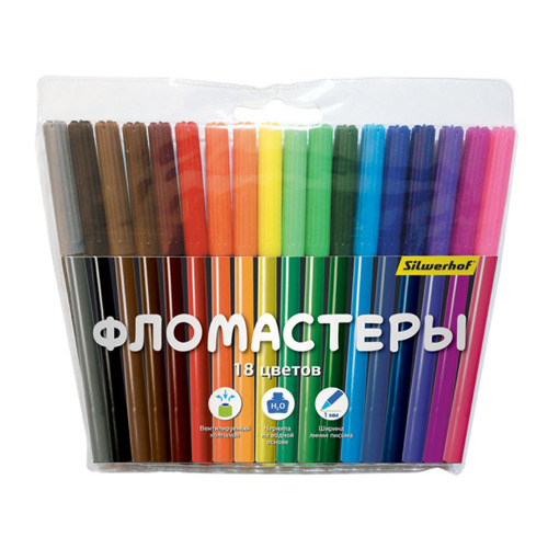

Упаковка фломастеров Silwerhof Народная коллекция 877071-18, 18 цв., пакет с европодвесом 12 шт./кор., 877071-18