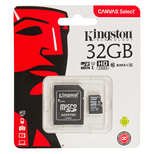 фото Карта памяти microsdhc uhs-i u1 kingston canvas select 32 гб, 80 мб/с, class 10, sdcs/32gb, 1 шт., переходник sd