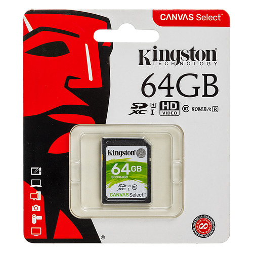 фото Карта памяти sdxc uhs-i u1 kingston canvas select 64 гб, 80 мб/с, 80x, class 10, sds/64gb, 1 шт.