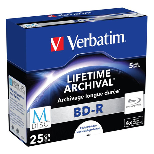 

Оптический диск BD-R VERBATIM 25Гб 4x, 5шт., M-DISC, paper box, printable [43823], Нет