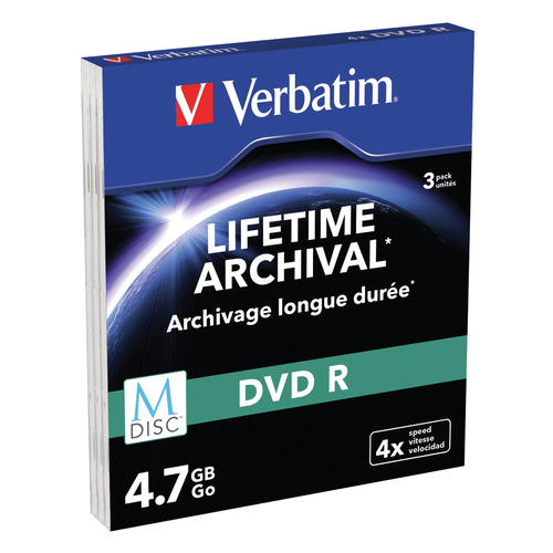 

Оптический диск DVD-R VERBATIM 4.7Гб 4x, 3шт., M-DISC, slim case, printable [43826], Нет