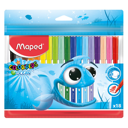 

Фломастеры Maped COLORPEPS OCEAN 845721 супер-смываемые 18цв. заблокированный пишущий узел пакет с 12 шт./кор.