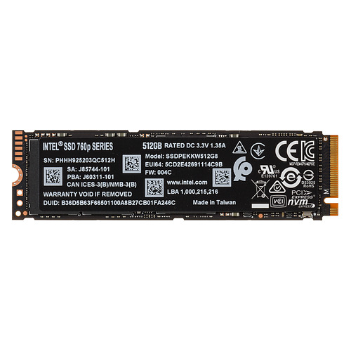 

SSD накопитель INTEL 760p Series SSDPEKKW512G8XT 512ГБ, M.2 2280, PCI-E x4, NVMe