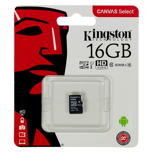 

Карта памяти microSDHC UHS-I U1 KINGSTON 16 ГБ, 80 МБ/с, Class 10, SDCS/16GBSP, 1 шт.