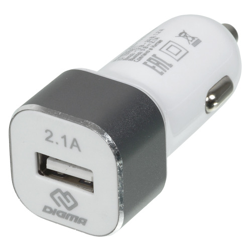 фото Автомобильное зарядное устройство digma dgcc-1u-2.1a-wg, usb, 2.1a, белый