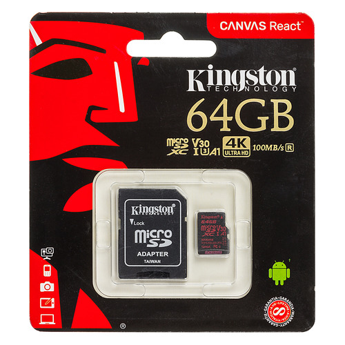 фото Карта памяти microsdxc uhs-i u3 kingston canvas react 64 гб, 100 мб/с, class 10, sdcr/64gb, 1 шт., переходник sd