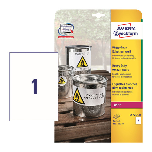 

Этикетки Avery Zweckform L4775-20 A4 297x210мм 1шт на листе/196г/м2/20л./белый самоклей. для лазерно, L4775-20