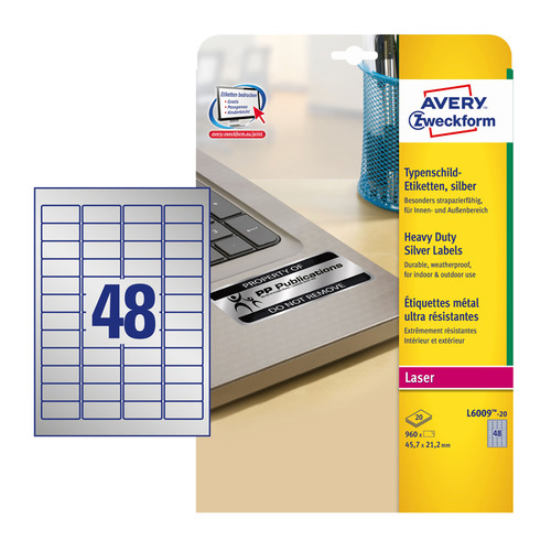 

Этикетки Avery Zweckform L6009-20 A4 45.7x21.2мм 48шт на листе/198г/м2/20л./серебристый самоклей. дл, L6009-20
