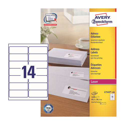 

Этикетки Avery Zweckform L7163-100 A4 99.1x38.1мм 14шт на листе/70г/м2/100л./белый самоклей. универс, L7163-100