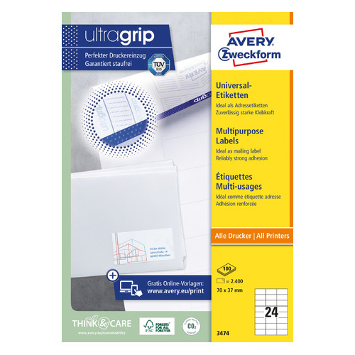 

Этикетки Avery Zweckform 3474 A4 70x37мм 24шт на листе/70г/м2/100л./белый матовое самоклей. универса, 3474