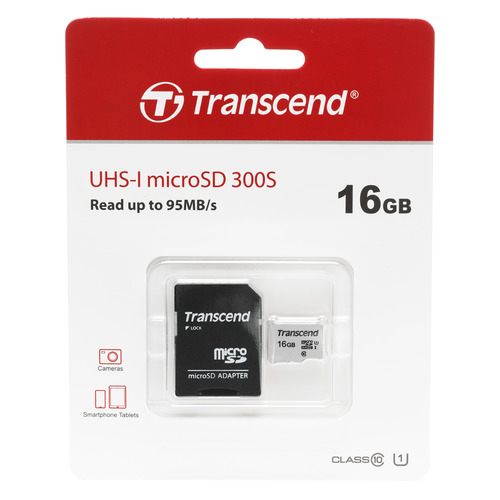 

Карта памяти microSDHC UHS-I U1 Transcend 16 ГБ, 95 МБ/с, Class 10, TS16GUSD300S-A, 1 шт., переходник SD, TS16GUSD300S-A