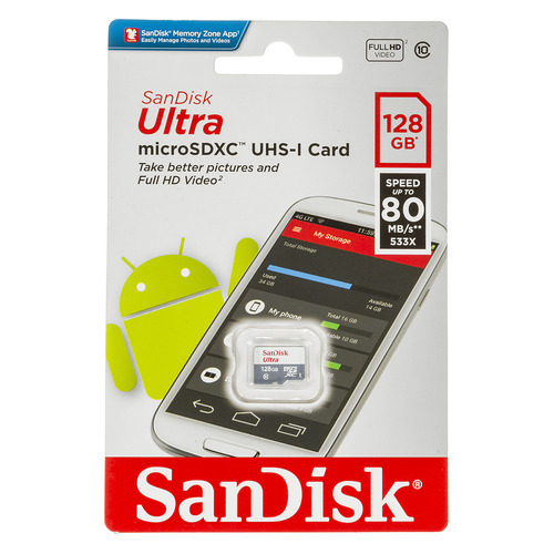 фото Карта памяти microsdxc uhs-i sandisk ultra 80 128 гб, 80 мб/с, class 10, sdsquns-128g-gn6mn, 1 шт.