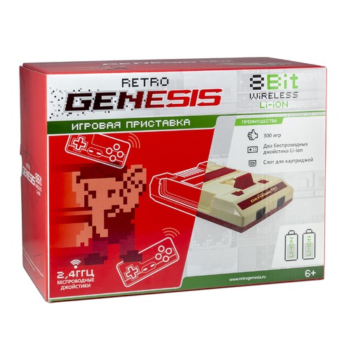 

Игровая консоль RETRO GENESIS 300 игр, два беспроводных аккумуляторных джойстика, белый/красный