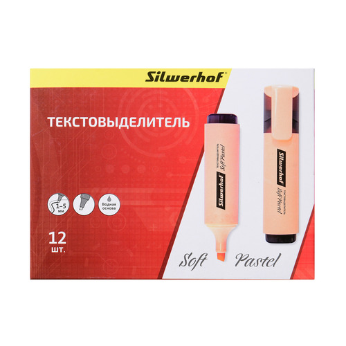 

Упаковка текстовыделителей SILWERHOF Soft Pastel, скошенный пишущий наконечник, 1-5, персиковый [108033-28] 12 шт./кор., Soft Pastel