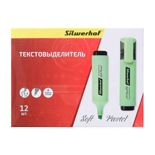 

Упаковка текстовыделителей SILWERHOF Soft Pastel, скошенный пишущий наконечник, 1-5, мятный [108033-22] 12 шт./кор., Soft Pastel