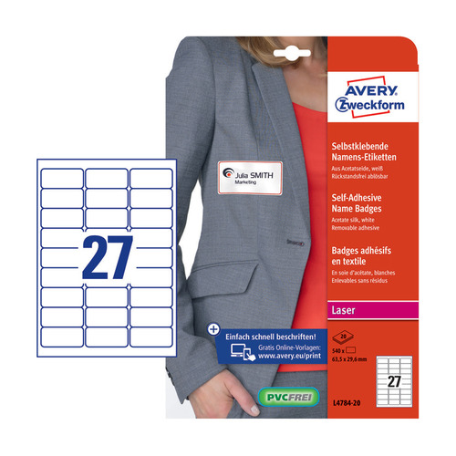 

Этикетки Avery Zweckform L4784-20 29.6x63.5мм 27шт на листе/120г/м2/20л./белый ацетатный шелк самокл, L4784-20