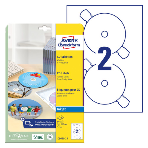 

Этикетки Avery Zweckform CD/DV C9660-25 A4/196г/м2/25л./белый супер глянец самоклей. для лазерной пе, CD/DV
