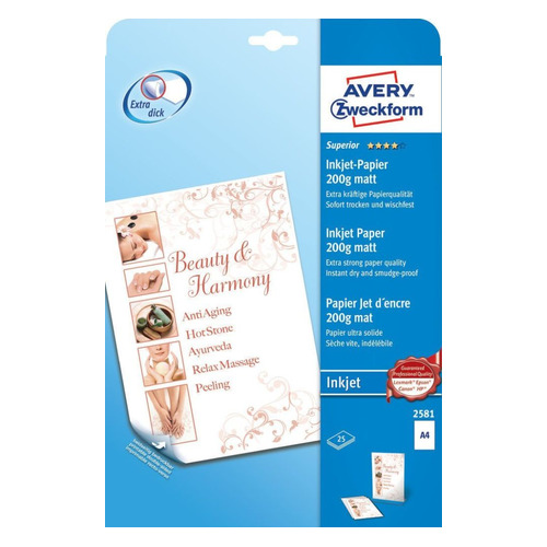 

Бумага Avery Zweckform 2581, A4, 200г/м2, 25л, для струйной печати, белый, покрытие матовое / матовое, 2581