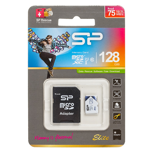 

Карта памяти microSDXC UHS-I U1 SILICON POWER 128 ГБ, 75 МБ/с, Class 10, SP128GBSTXBU1V21SP, 1 шт., переходник SD