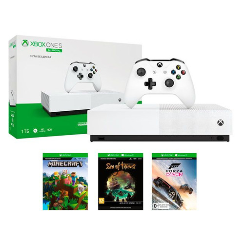 

Игровая консоль MICROSOFT Xbox One S с 1 ТБ памяти, 3 играми: Minecraft, Sea of Thieves, Forza Horizon 3, All-Digital Edition, белый