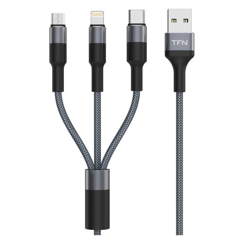 фото Кабель tfn 3 in 1, lightning (m)/usb type-c (m)/micro usb (m) - usb (m), 1м, серебристый / серый [tfn-cfz3in1gr]