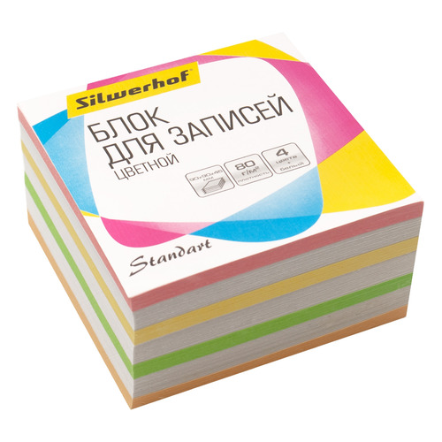 

Упаковка блоков для записей Silwerhof Стандарт, 701029, 90х90х45, 5 цв, ассорти 24 шт./кор., Стандарт