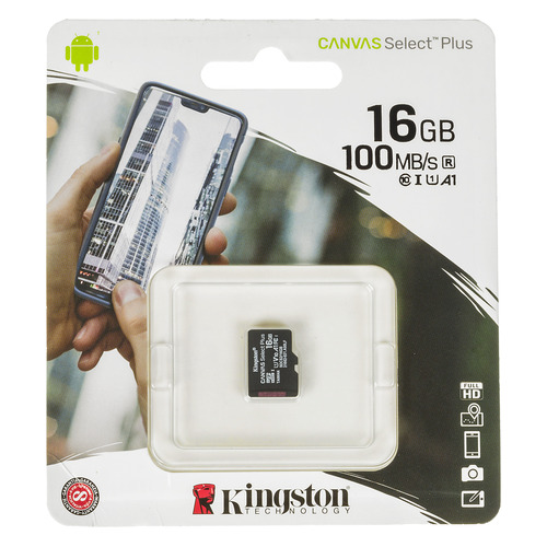 фото Карта памяти microsdhc uhs-i kingston canvselect plus 16 гб, 100 мб/с, class 10, sdcs2/16gbsp, 1 шт.