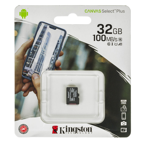 фото Карта памяти microsdhc uhs-i kingston canvselect plus 32 гб, 100 мб/с, class 10, sdcs2/32gbsp, 1 шт.