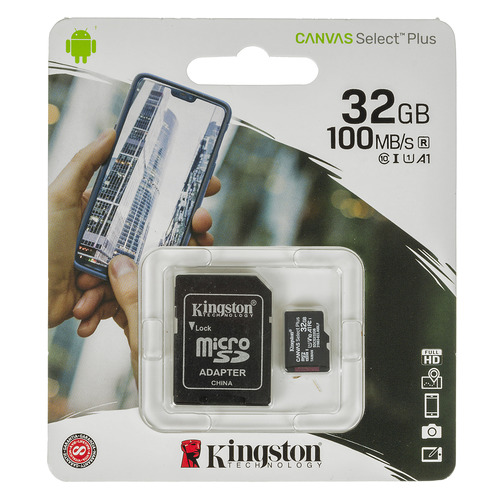 фото Карта памяти microsdhc uhs-i u1 kingston canvas select plus 32 гб, 100 мб/с, class 10, sdcs2/32gb, 1 шт., переходник sd