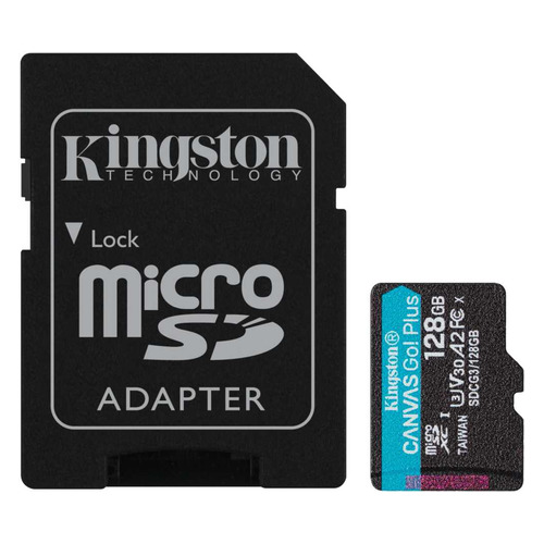 фото Карта памяти microsdxc uhs-i u3 kingston canvas go! plus 128 гб, 170 мб/с, class 10, sdcg3/128gb, 1 шт., переходник sd