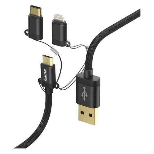 

Кабель HAMA USB A (m), micro USB B (m), USB Type-C (m), Lightning (m), 1м, MFI, черный [00183348]