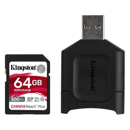 фото Карта памяти microsdxc uhs-ii u3 kingston react plus 64 гб, 300 мб/с, class 10, mlpr2/64gb, 1 шт., переходник sd