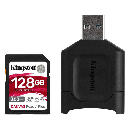 фото Карта памяти microsdxc uhs-ii u3 kingston react plus 128 гб, 300 мб/с, class 10, mlpr2/128gb, 1 шт., переходник sd