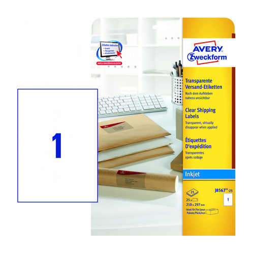 

Этикетки Avery Zweckform J8567-25 A4 297x210мм 1шт на листе/70г/м2/25л./прозрачный самоклей. для стр, J8567-25