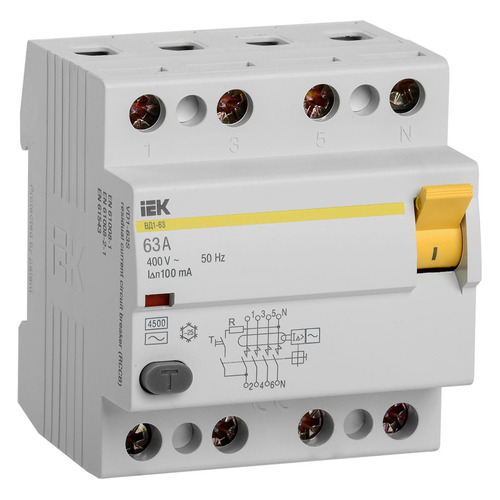 

Выключатель дифф. тока IEK ВД1-63 (MDV10-4-063-100) 63A 100мА AC 4 400В 4мод белый, ВД1-63