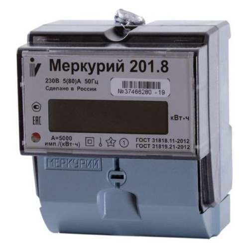 

Счетчик электроэнергии ИНКОТЕКС Меркурий 201.8, 1-фазный, однотарифный, 5(80)A [32681], 201.8