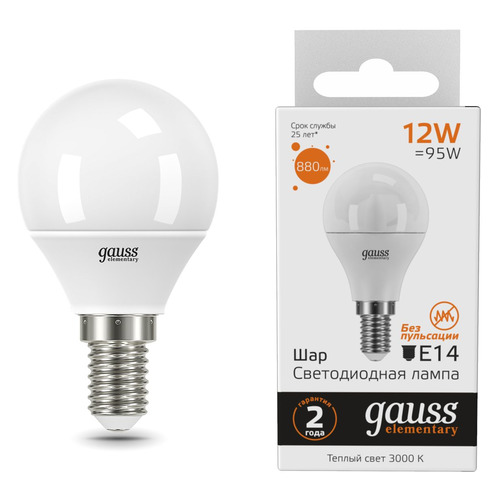 

Упаковка ламп GAUSS Elementary 12Вт, 880lm, 25000ч, 3000К, E14, 10 шт. [53112]