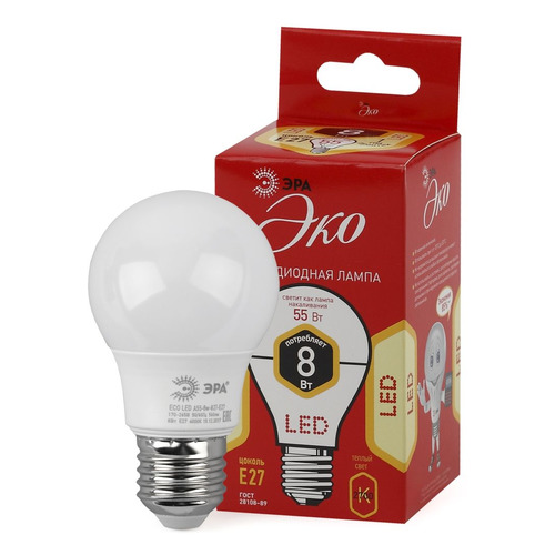 

Упаковка ламп LED ЭРА E27, шар, 8Вт, 2700К, белый теплый, ECO LED A55-8W-827-E27, 5 шт. [б0032095], ECO LED A55-8W-827-E27