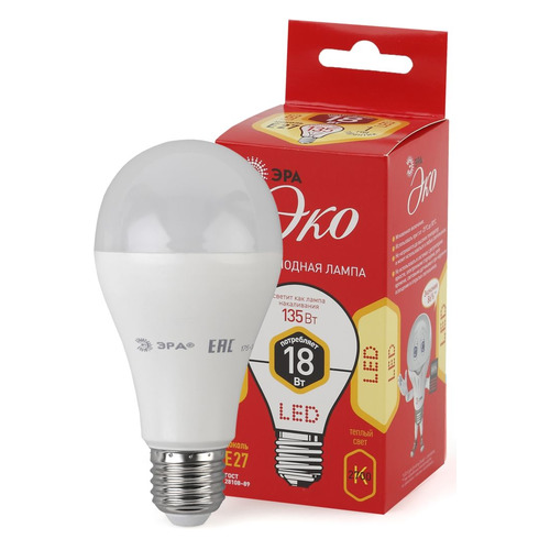 

Упаковка ламп LED ЭРА E27, груша, 18Вт, 2700К, белый теплый, ECO LED A65-18W-827-E27, 3 шт. [б0031706], ECO LED A65-18W-827-E27